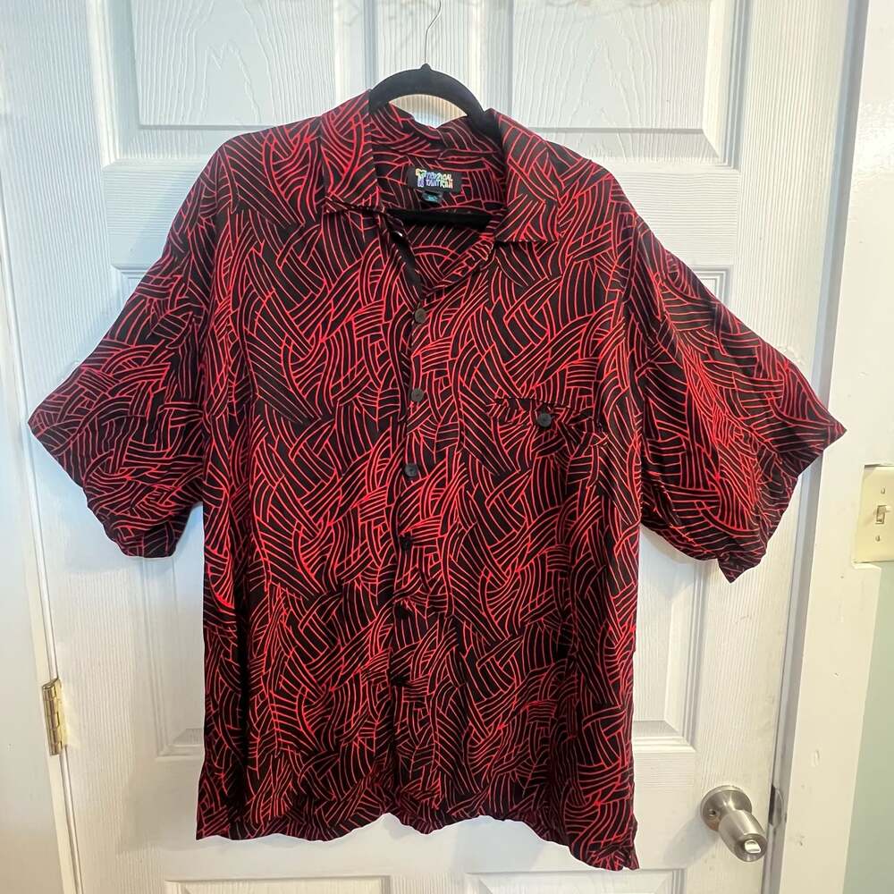 Tropical Tantrum Red and Black Abstract Print Rayon Hawaiian Camp Shirt Size 2X